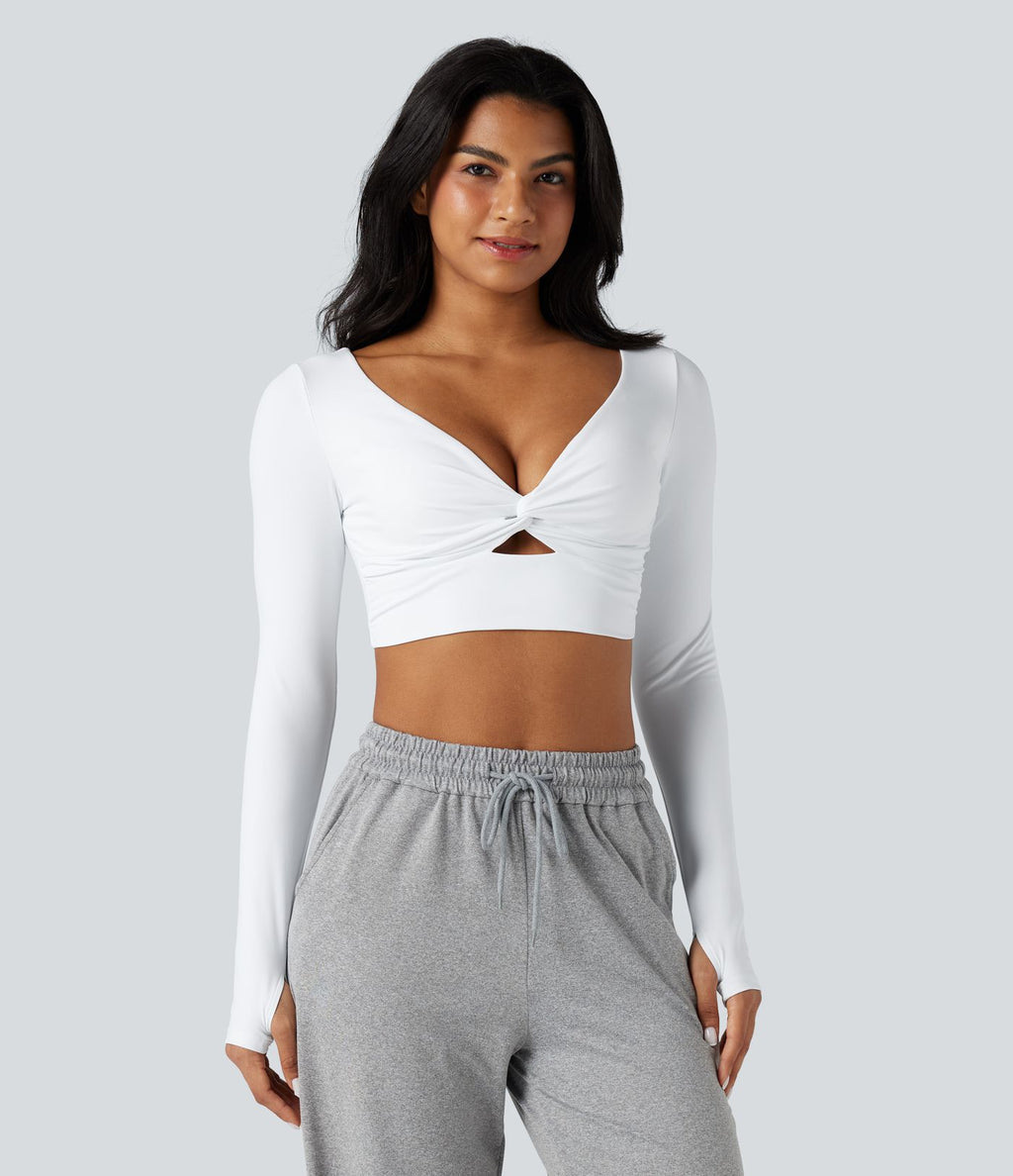 Haut de sport yoga SoftlyZero™ Airy court col V découpes torsadé effet frais InstantCool manches longues avec passe-pouces, protection solaire UPF50+