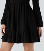 Robe mini côtelée col V volants manches longues