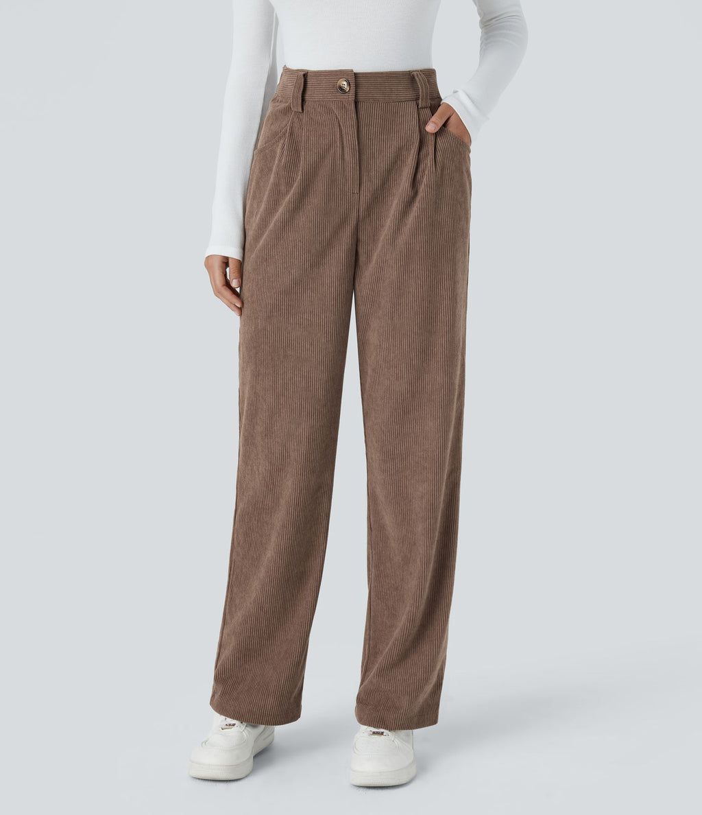 Pantalon décontracté en velours côtelé, taille haute, avec poche zippée
