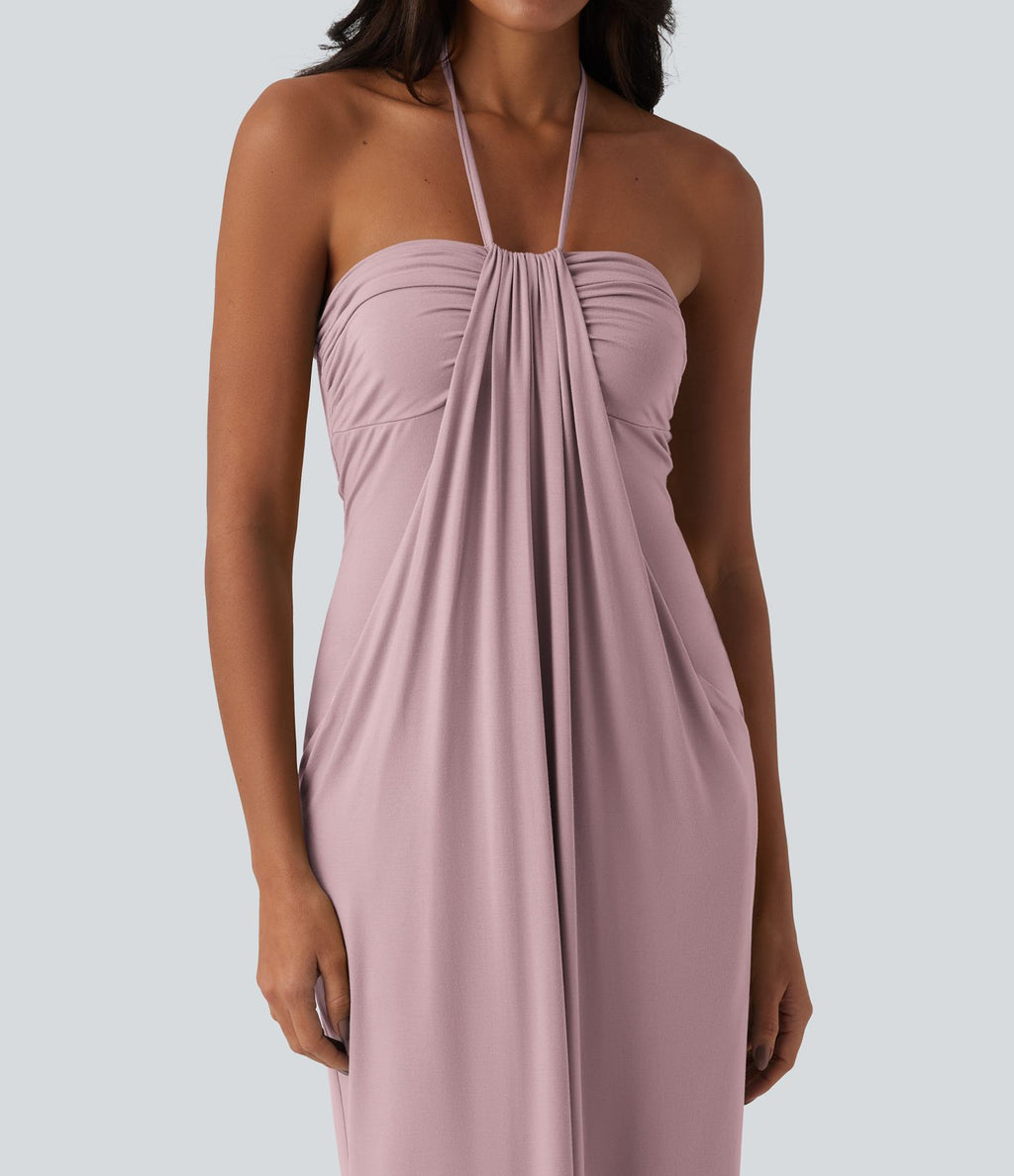 Robe longue dos nu col licou avec nœud et poches