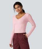 T-shirt tailleur côtelé court col V manches longues