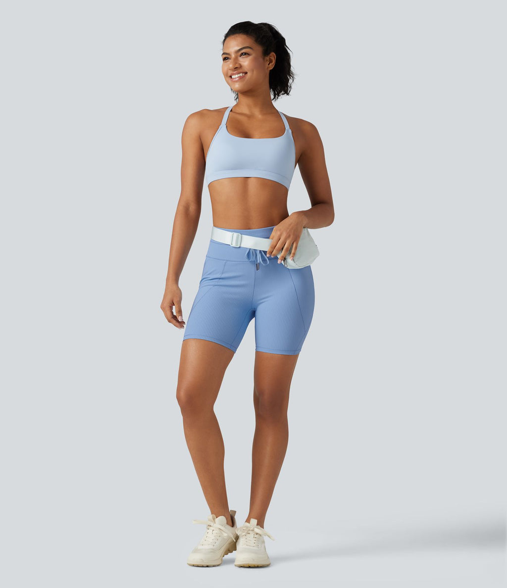 Short cycliste de yoga en maille côtelée taille haute avec cordon de serrage séchage rapide 15 cm avec poches - UPF50+