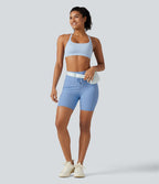 Short cycliste de yoga en maille côtelée taille haute avec cordon de serrage séchage rapide 15 cm avec poches - UPF50+
