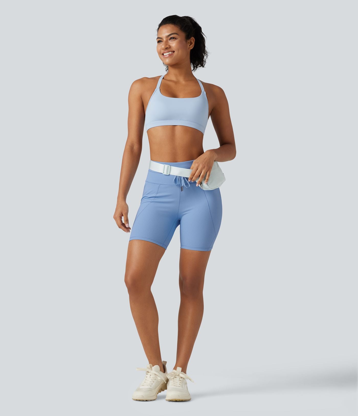 Short cycliste de yoga en maille côtelée taille haute avec cordon de serrage séchage rapide 15 cm avec poches - UPF50+