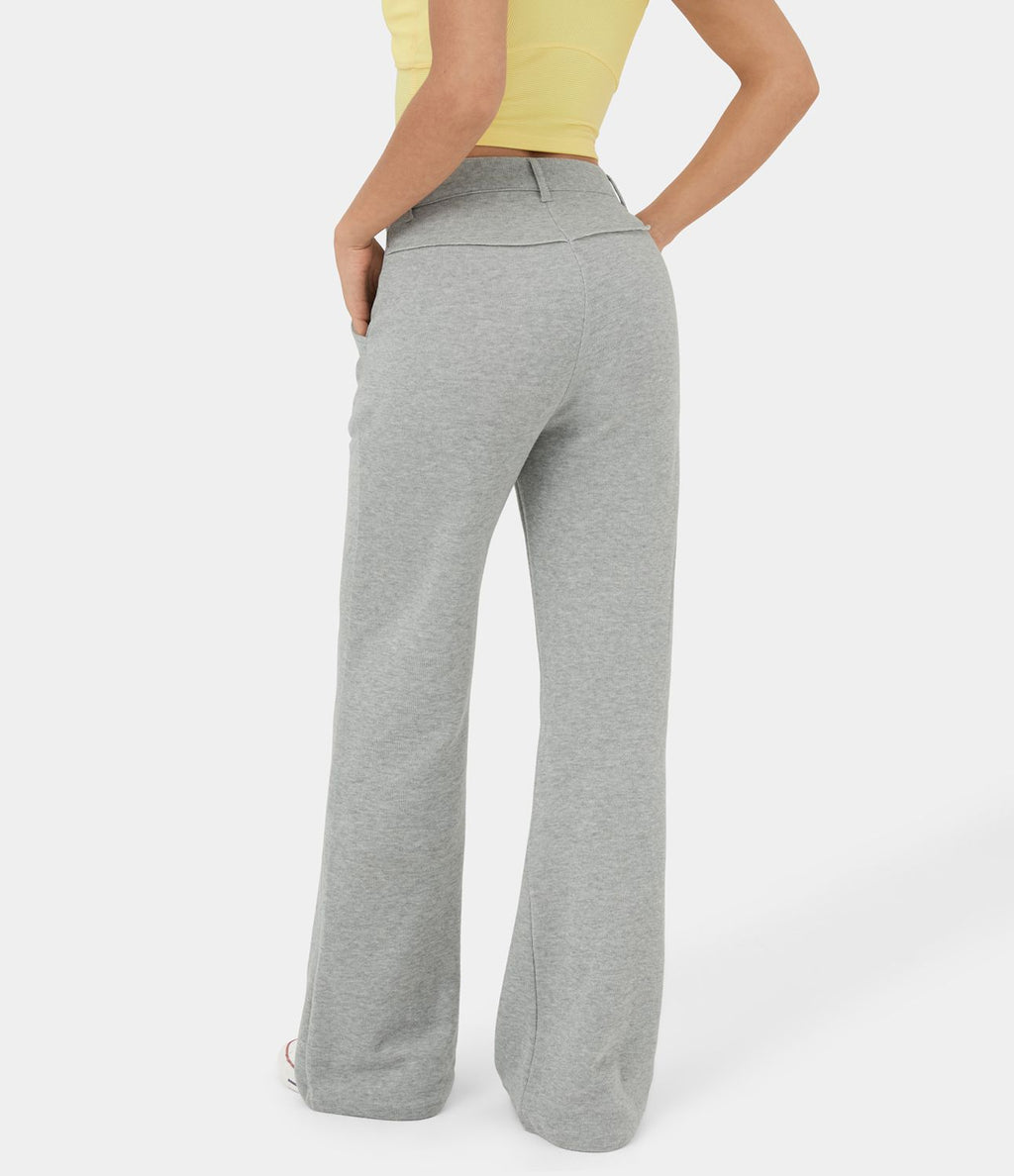 Pantalon Survêtement Coton Casual Évasée Taille Mi-Haute Ceinture Forme V Boutonnés Fermeture Éclair Poches