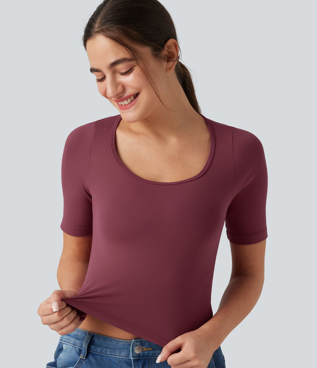 Haut de sport yoga OneForm sans couture Flow col rond échancré manches courtes