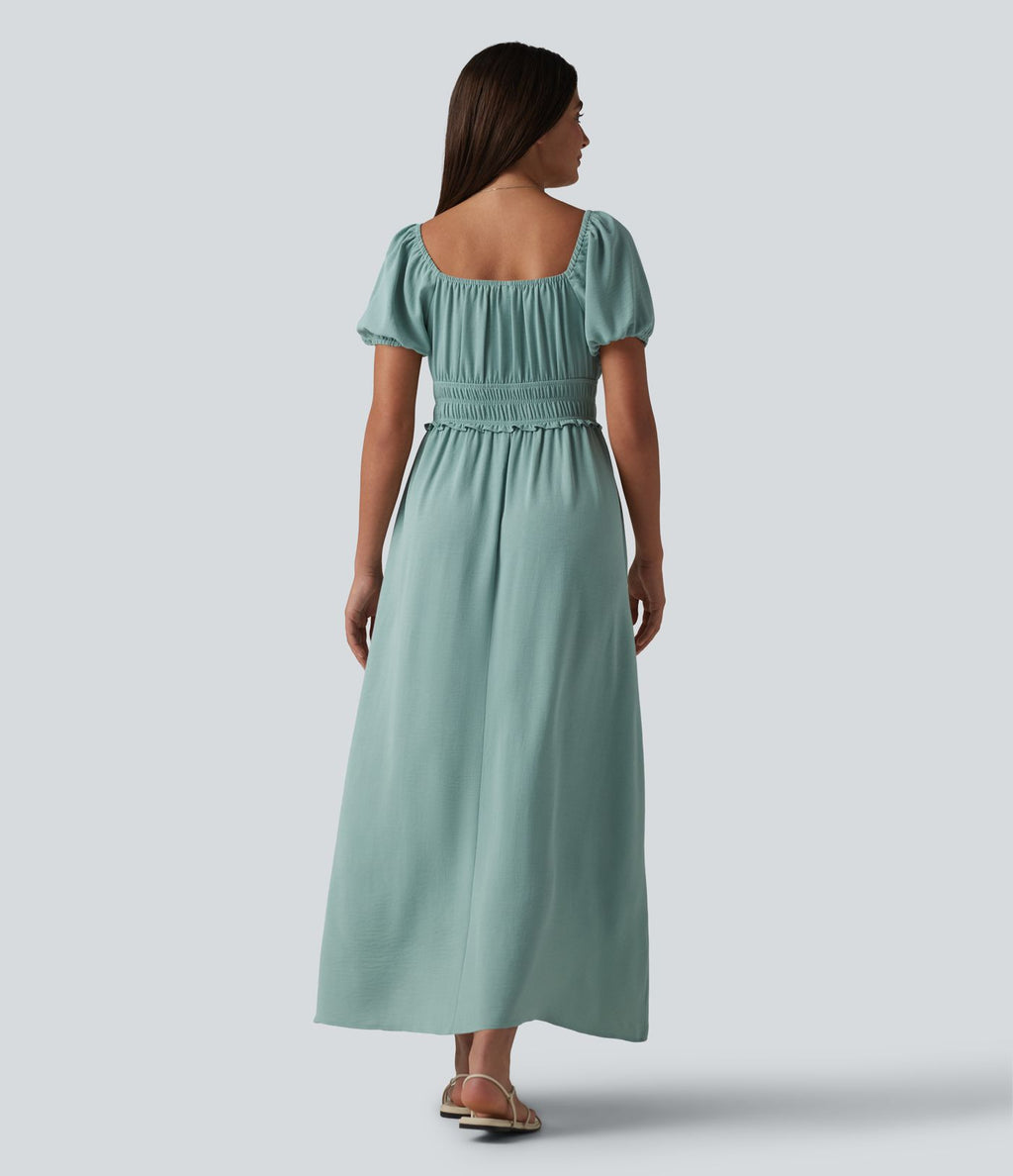 Robe longue fluide et décontractée en lin, à col carré, manches bouffantes, soutien-gorge intégré froncé et poches