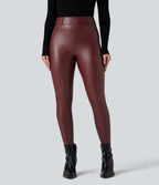 Pantalon polaire simili cuir extensible taille haute avec poches