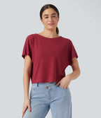 T-shirt décontracté maille côtelée manches chauve-souris coupe décontractée