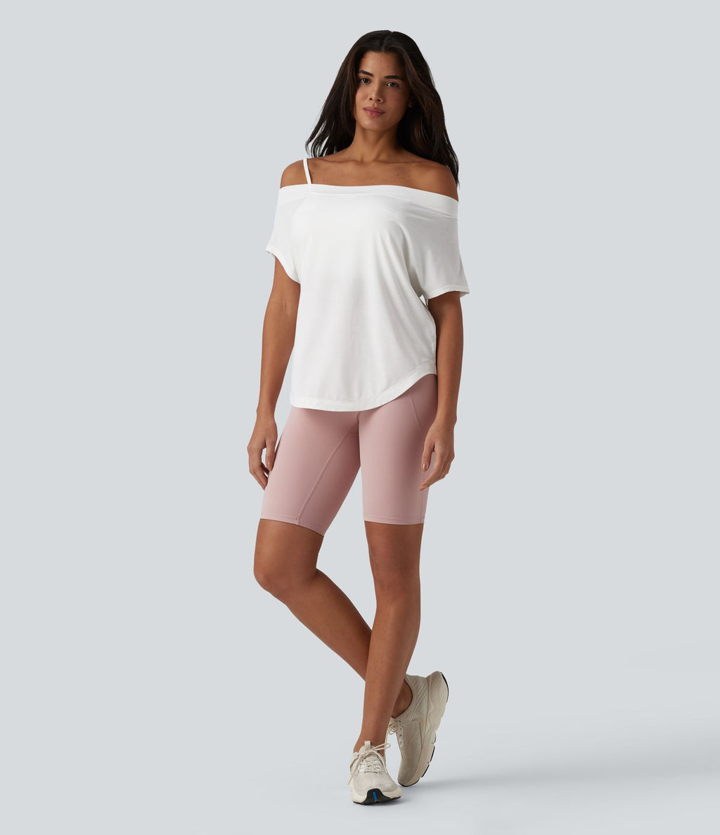 Top de yoga à une épaule, manches courtes, ourlet asymétrique et soutien-gorge intégré à séchage rapide