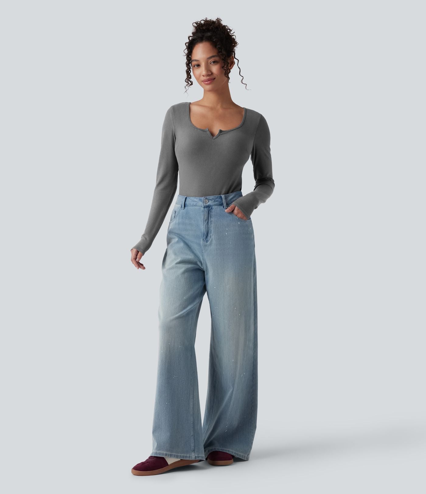 Top casual chaud push-up avec bonnets moulés, col cranté et manches longues - Bonnet A/B