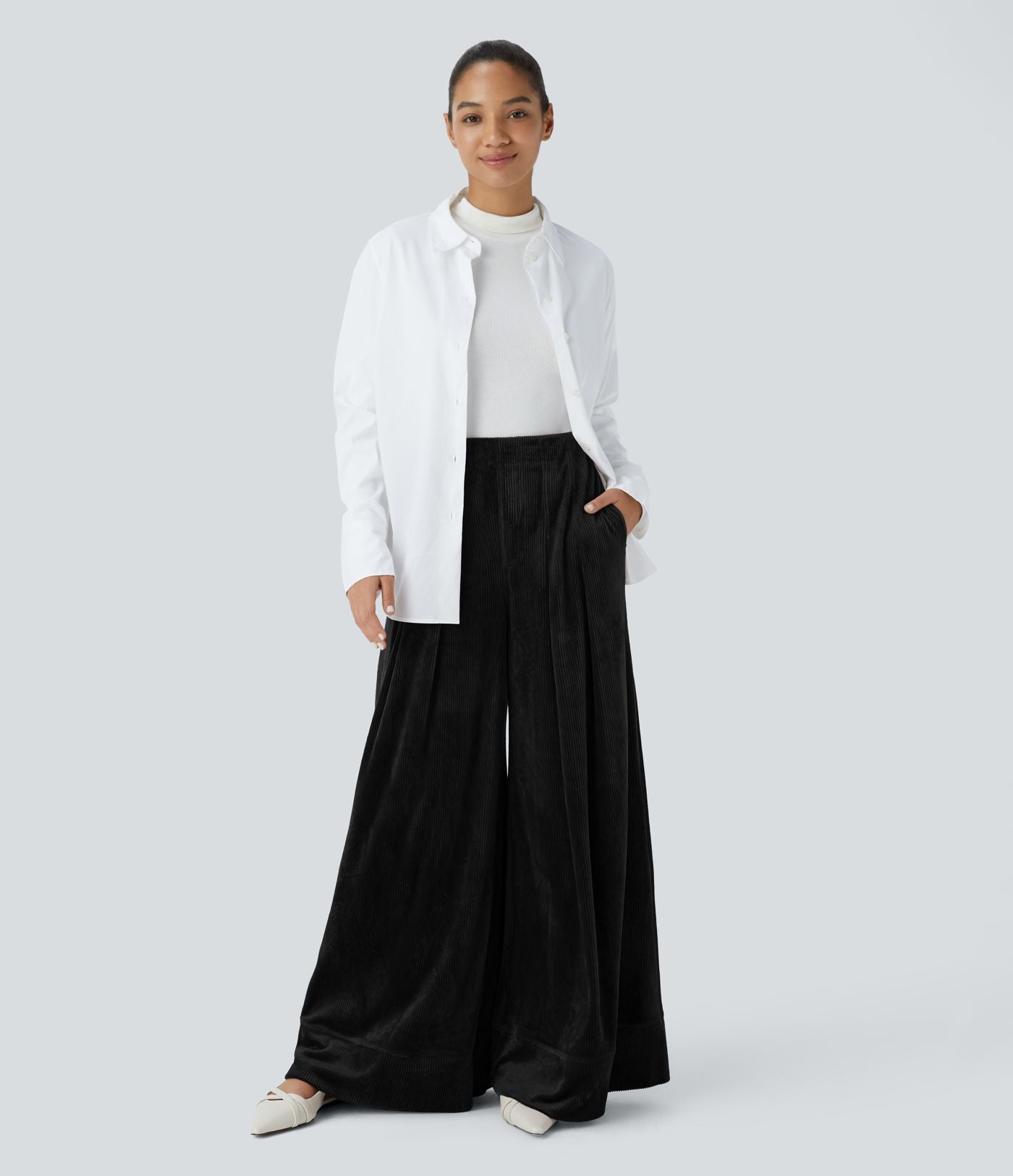 Pantalon de palazzo décontracté en velours côtelé taille haute à plis avec poches multiples
