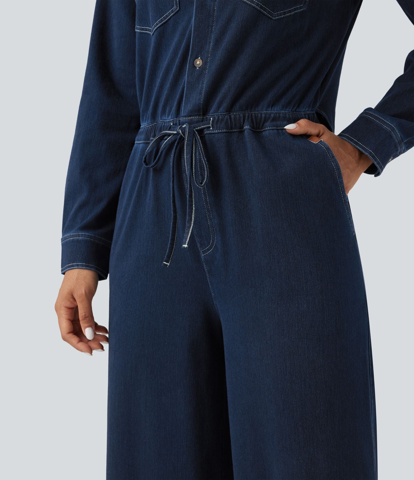 Combinaison denim délavé Halara Flex™ jambes larges manches longues avec cordon de serrage et poches - Édition Easy Peasy