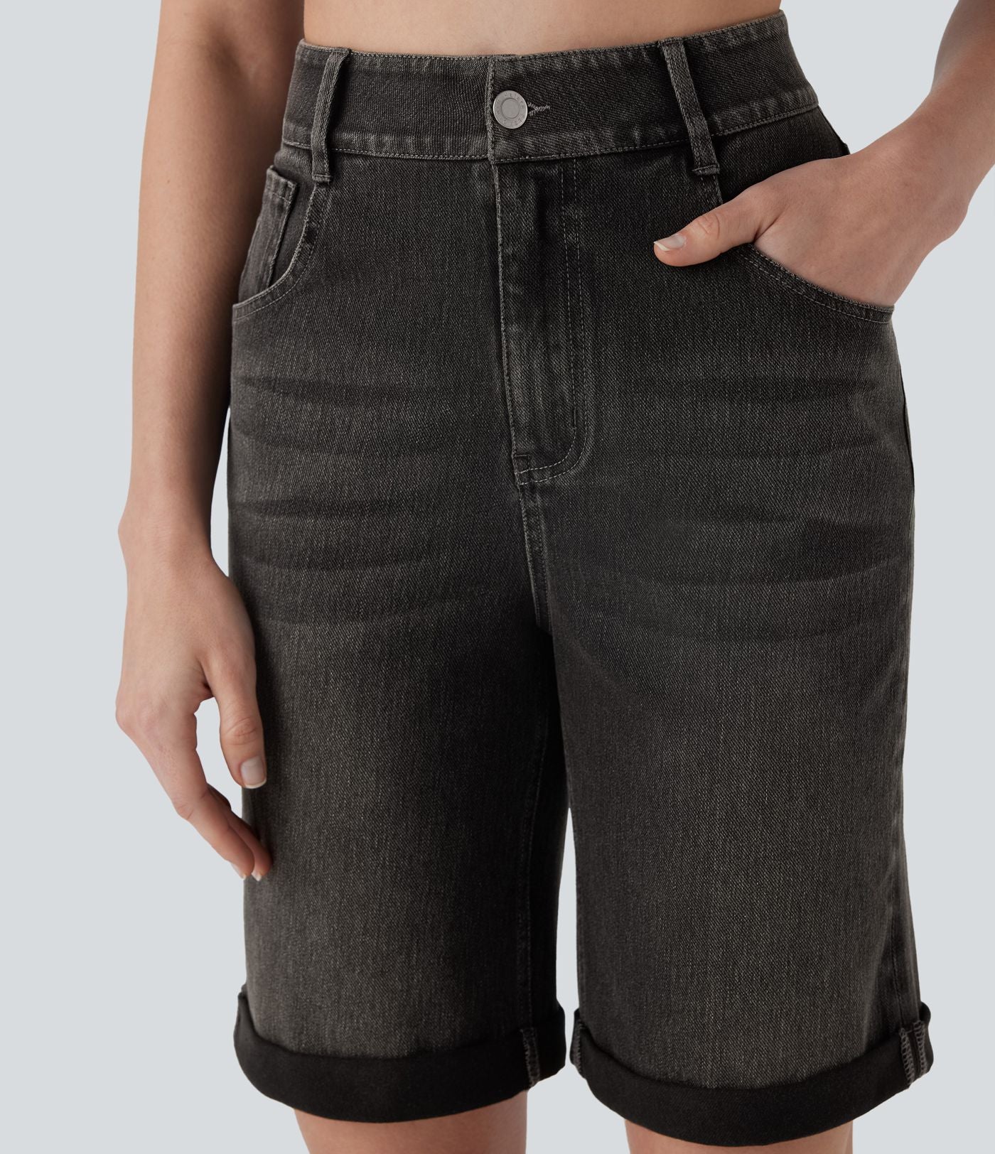 Bermuda décontracté en jean extensible délavé Halara Flex™ taille haute avec revers et multiples poches