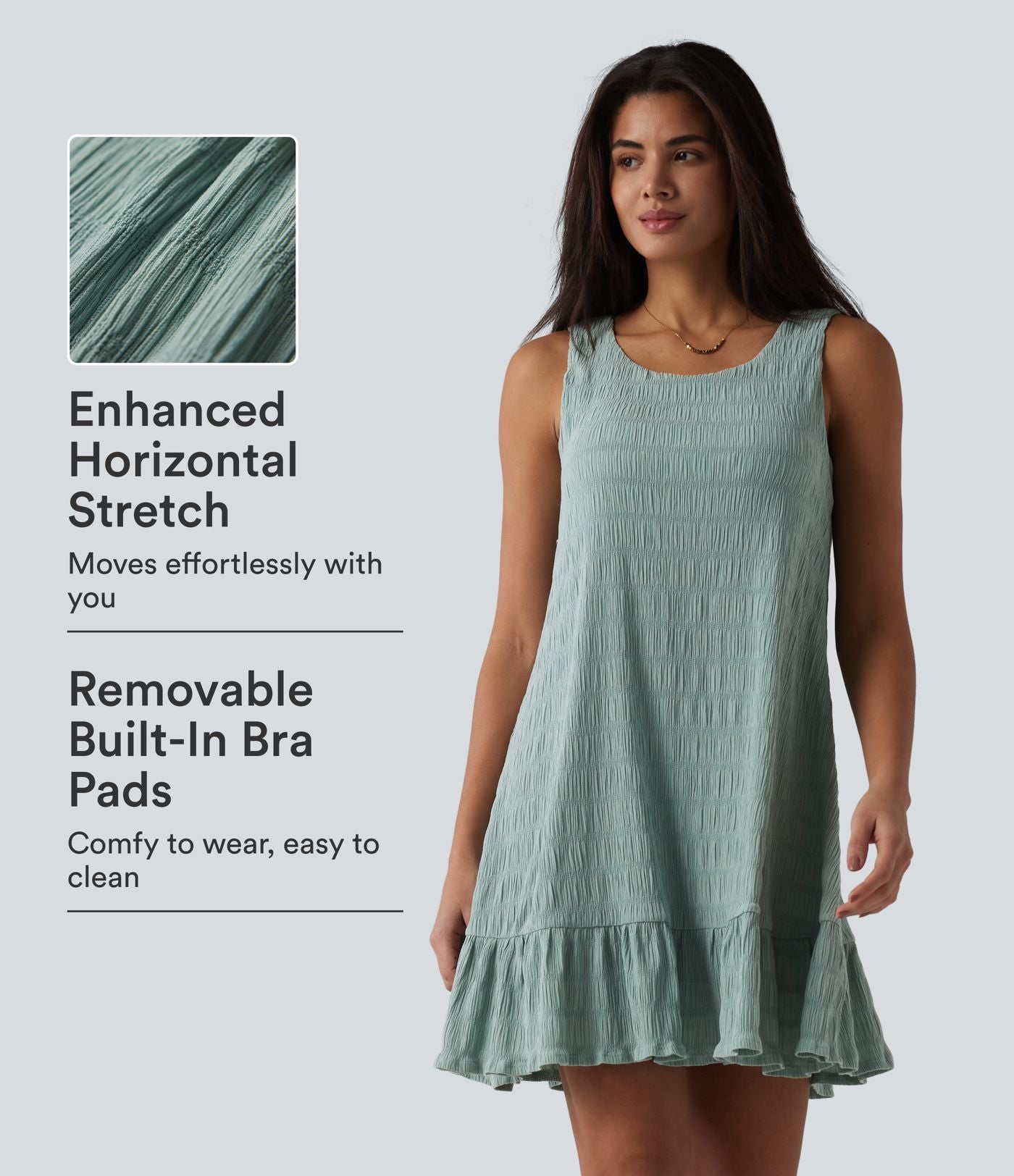 Robe courte décontractée sans manches à col rond, soutien-gorge intégré et ourlet à volants