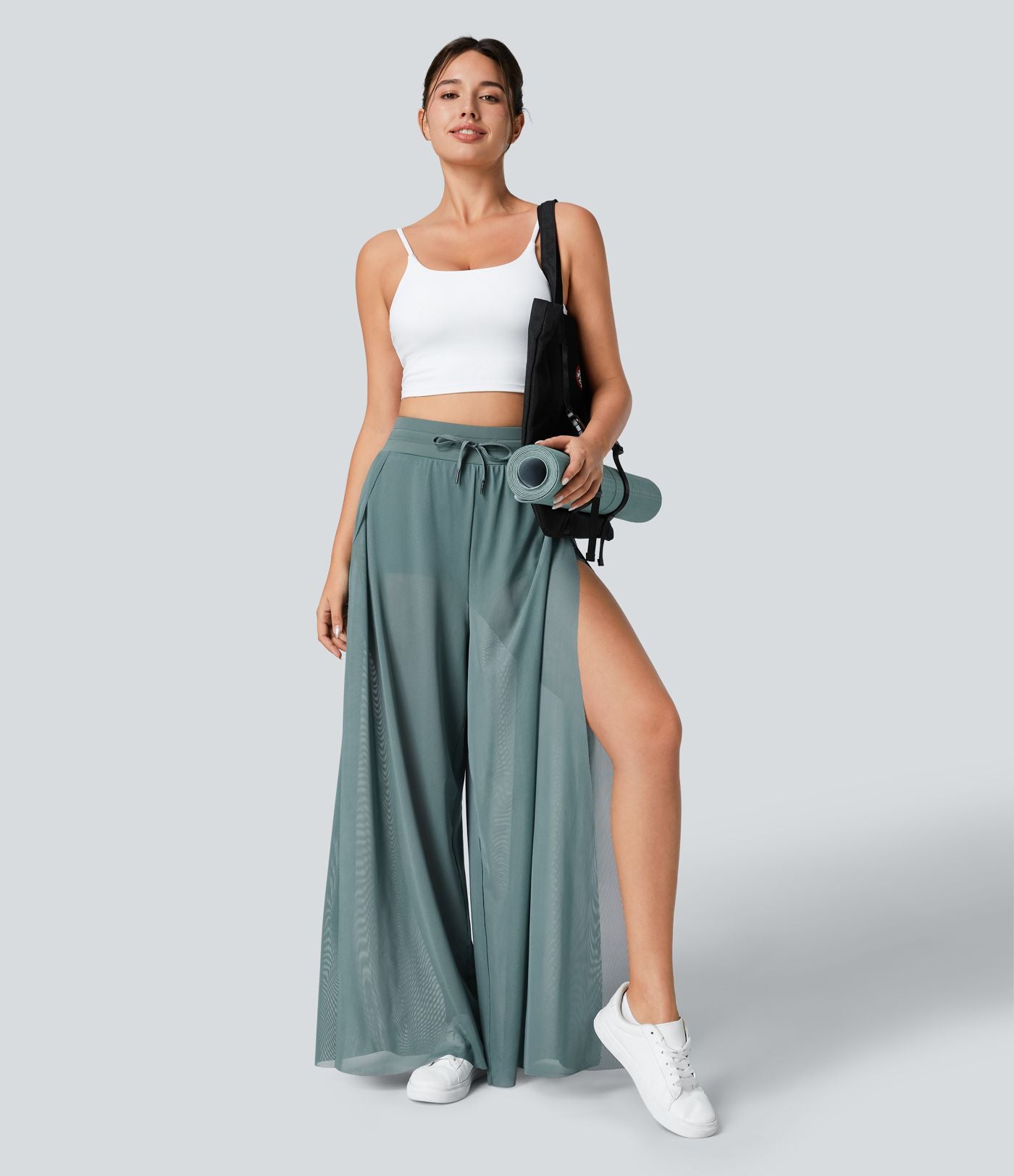 Pantalon Yoga 2 en 1 à Taille Haute avec Cordon de Serrage Maille Contrastée Fendu Poche Latérale et Jambes Amples et Fluides