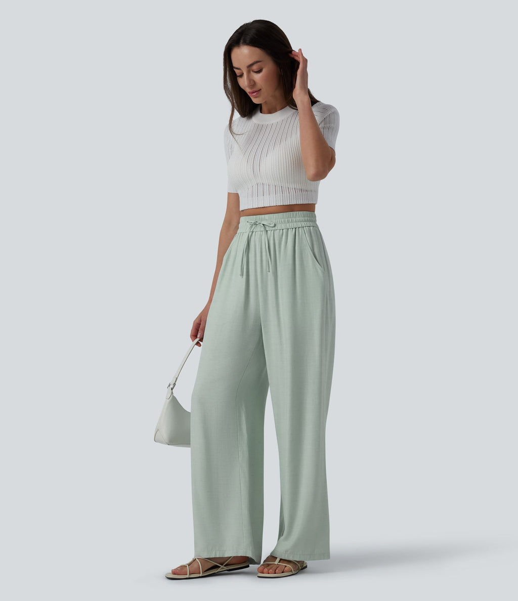 Pantalon casual large fluide mélange lin taille haute avec cordon de serrage et poches
