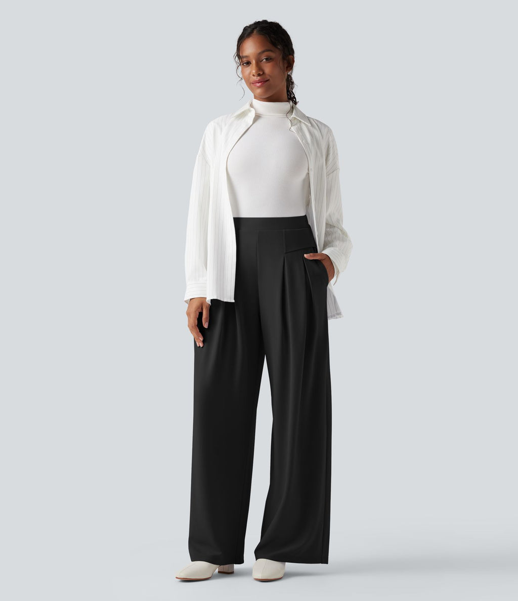 Pantalon tailleur jambes larges taille haute avec poches