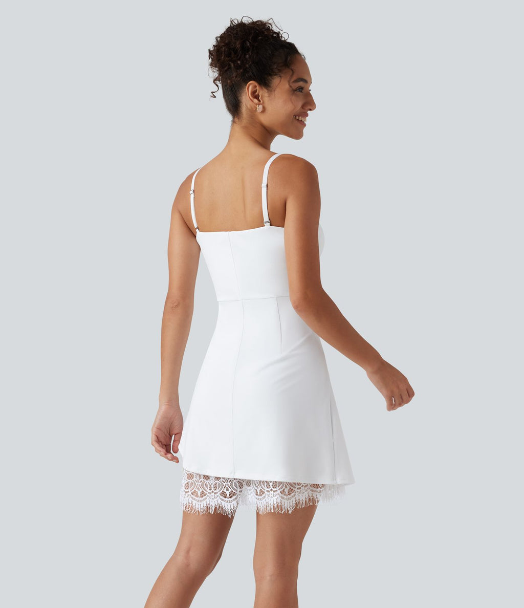 Robe nuisette mini avec brassière intégrée et dentelle contrastante en SoftlyZero™ Airy à effet frais InstantCool, protection solaire UPF50+