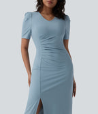Robe midi casual col V manches courtes