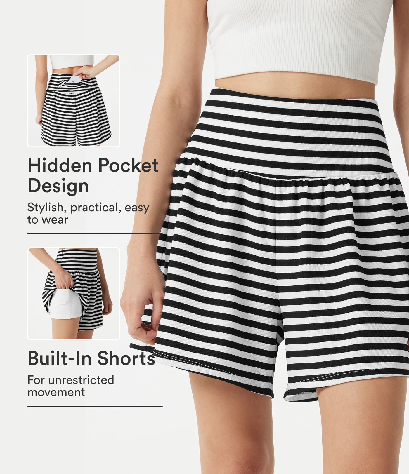 Short casual 2-en-1 à rayures en tissu gaufré taille haute 12,5 cm avec poches