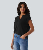 T-shirt décontracté semi-transparent col cranté manches courtes