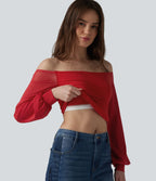 T-shirt SoftlyZero™ Airy décontracté épaules dénudées manches longues en tulle respirant effet frais InstantCool avec brassière intégrée, protection solaire UPF50+