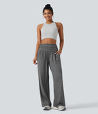 Pantalon de yoga large froncé chiné taille haute avec poches