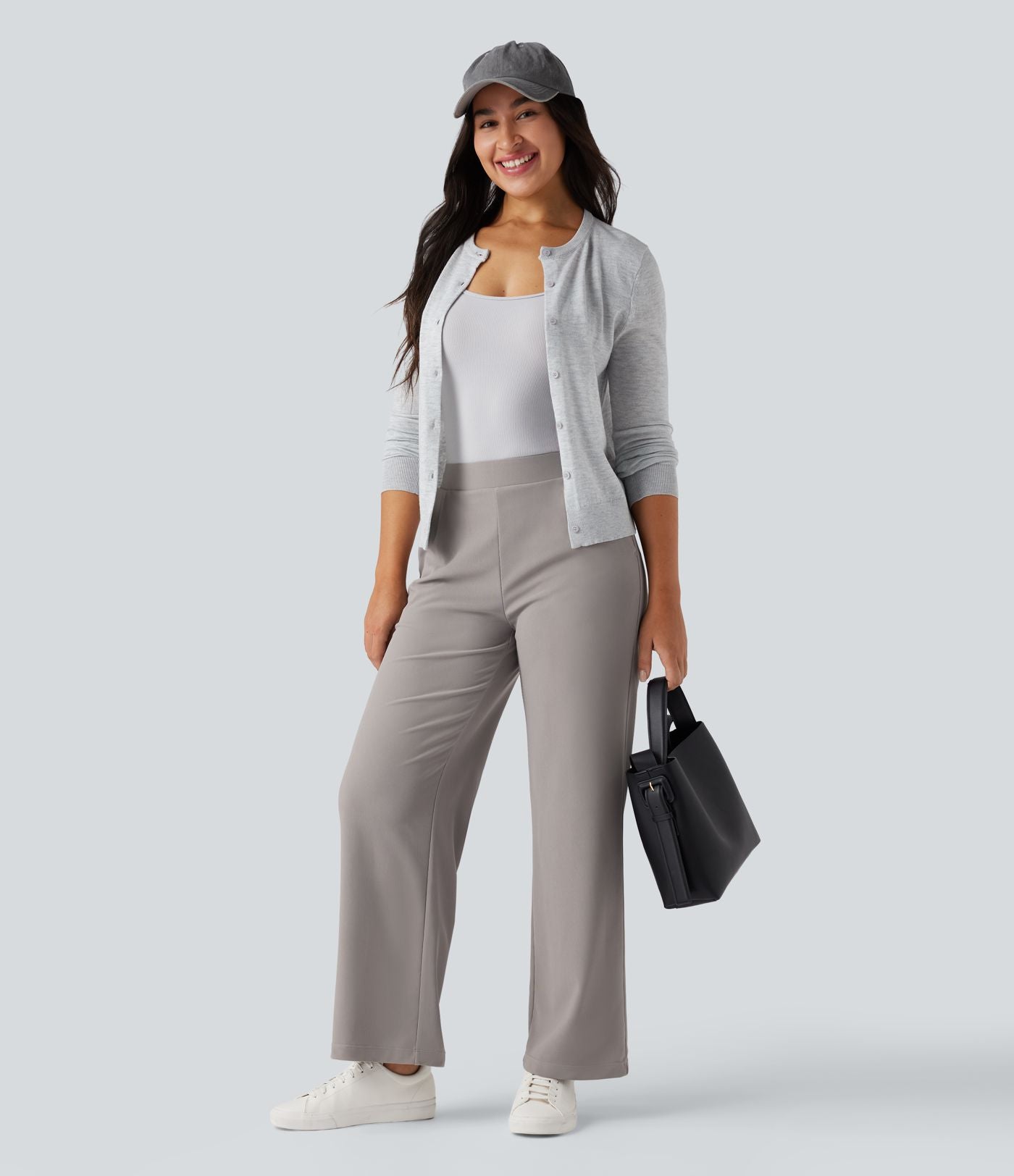 Pantalon tailleur large gainant sculptant taille haute en micro-gaufré avec poches Halara Flex™