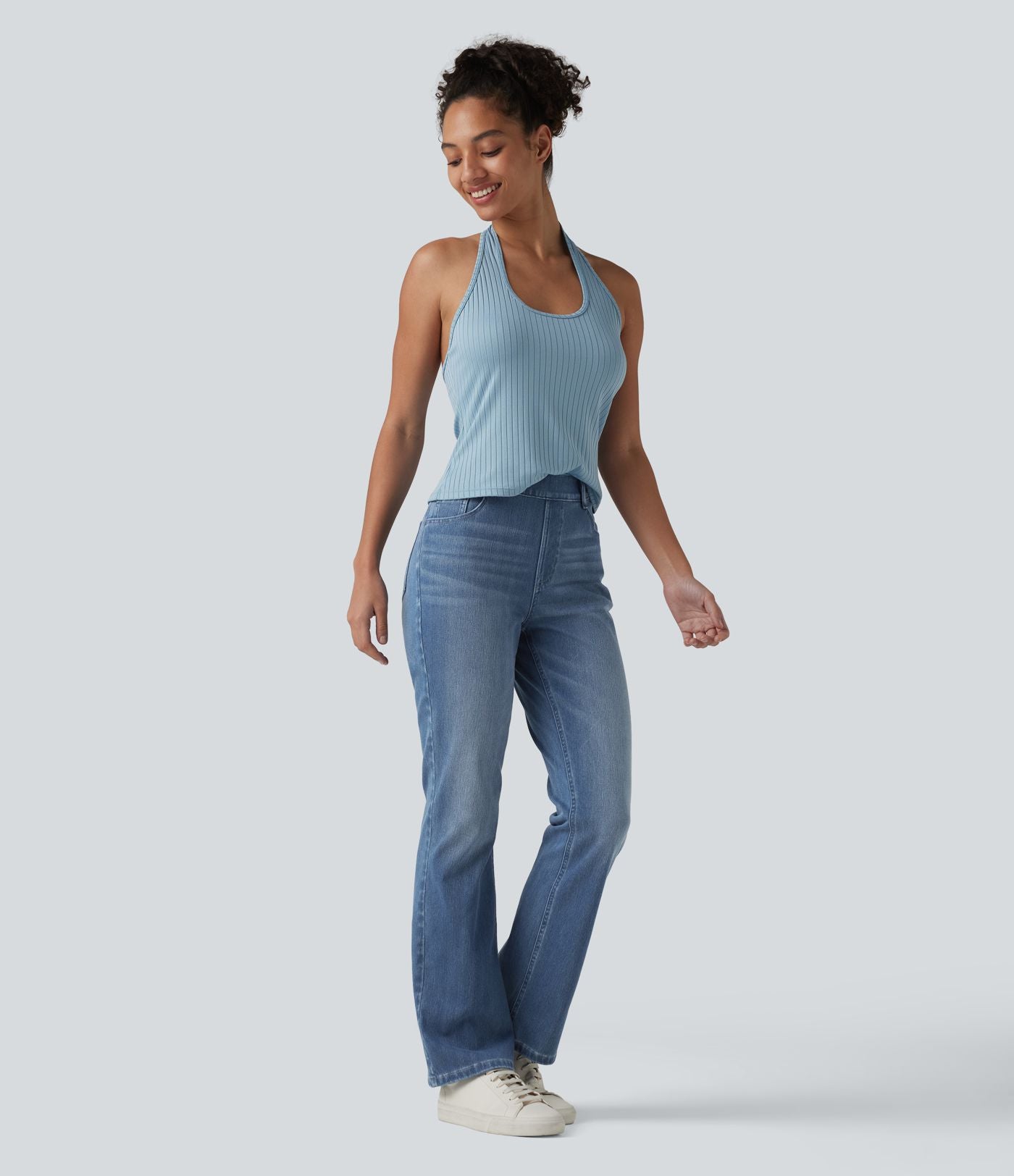 Halara Flex™ Jeans bootcut Casual Taille Haute Multiples Poches Lavés Élastiques et Tricotés Coupe
