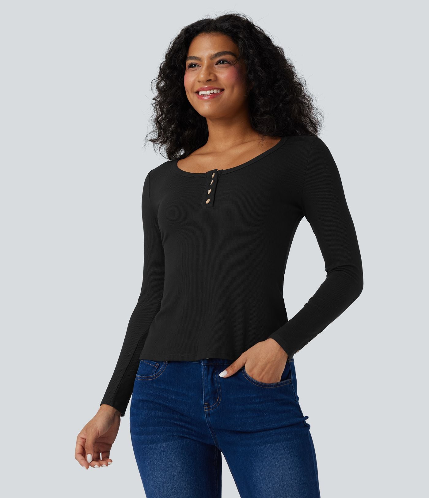 Haut décontracté ajusté maille côtelée henley manches longues