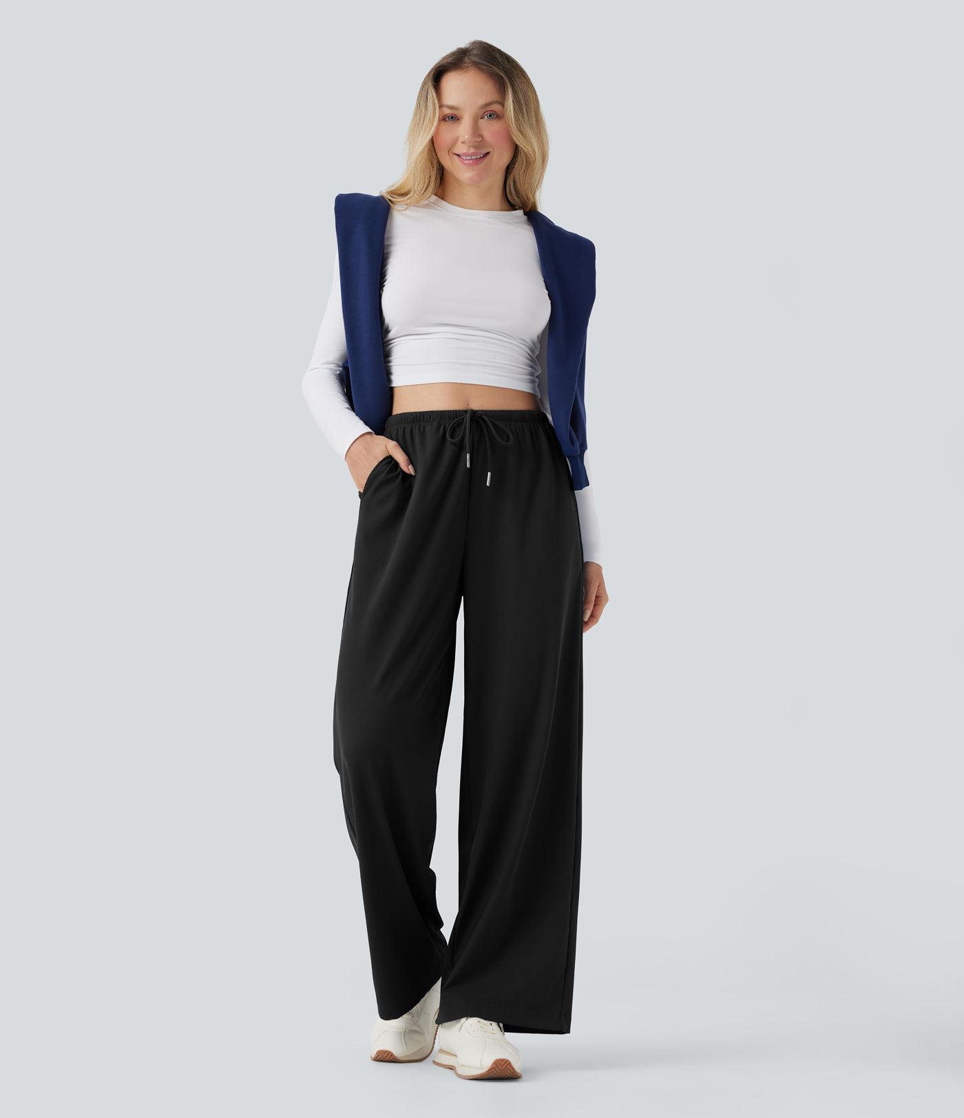 Pantalon de yoga tissu gaufré taille mi-haute jambe droite avec cordon de serrage et poches