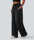 Pantalon large décontracté chiné taille mi-haute avec cordon de serrage avec poches