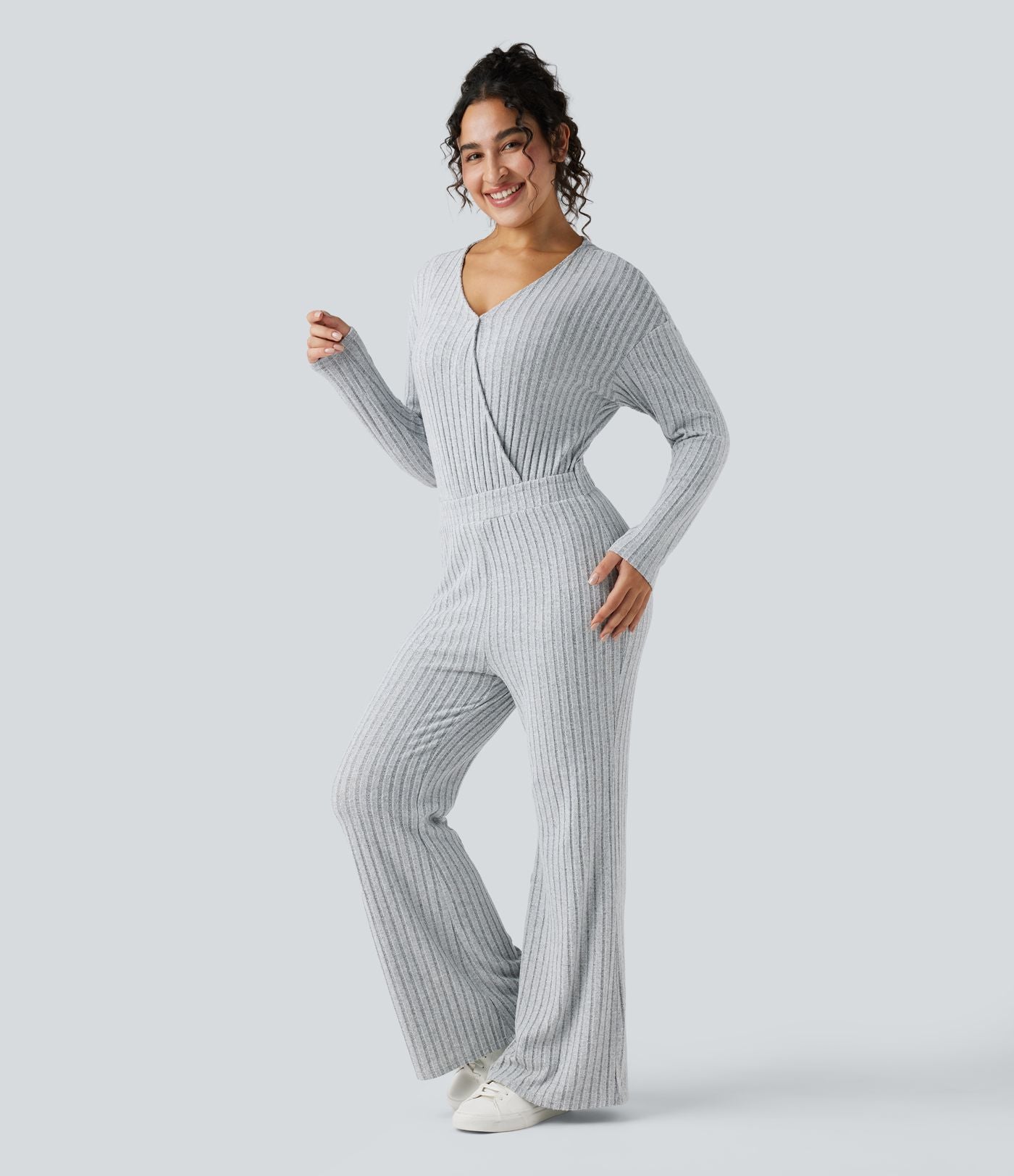 Combinaison casual côtelée maille col V manches longues - Easy Peasy