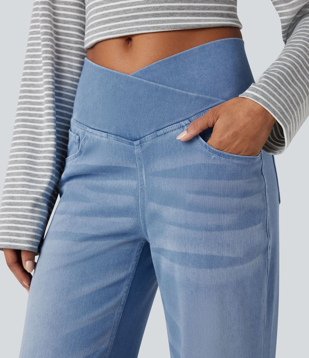 Jean droit décontracté croisé gainant taille haute avec poches Halara Flex™