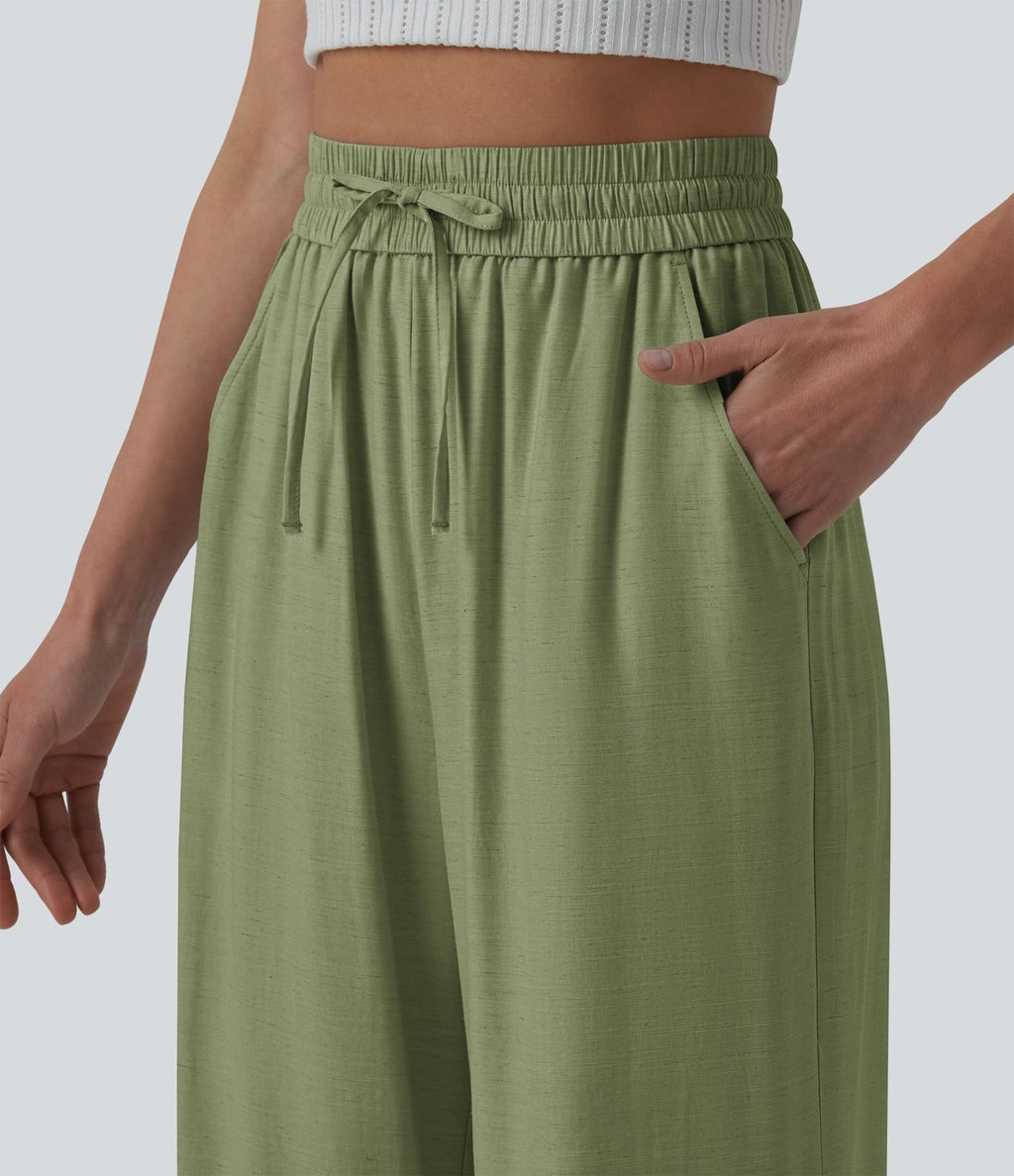 Pantalon casual large fluide mélange lin taille haute avec cordon de serrage et poches