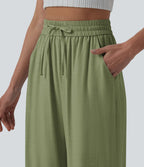 Pantalon casual large fluide mélange lin taille haute avec cordon de serrage et poches