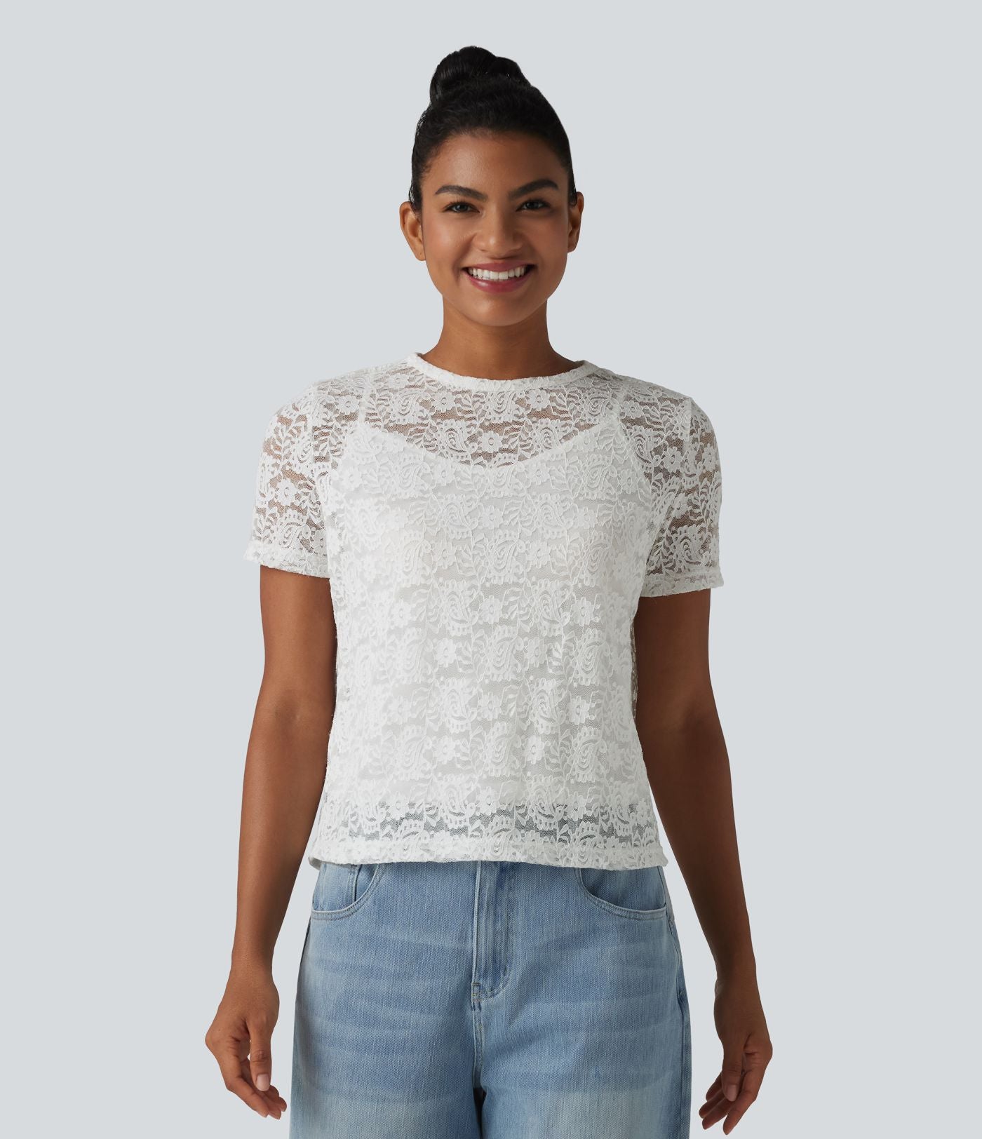 T-shirt casual 2-en-1 en dentelle col rond à manches courtes
