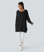 Sweatshirt Casual à Capuche Encolure en V Cordon de Serrage Trou pour le Pouce Fente et Coupe Longue