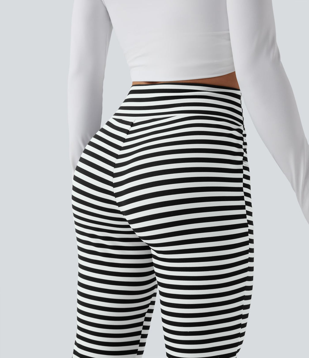 Pantalon évasé décontracté taille haute gainant à rayures en tissu gaufré avec cordon de serrage et poches