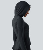 Veste de yoga à capuche manches longues avec trous pour pouces et rayures avec poches