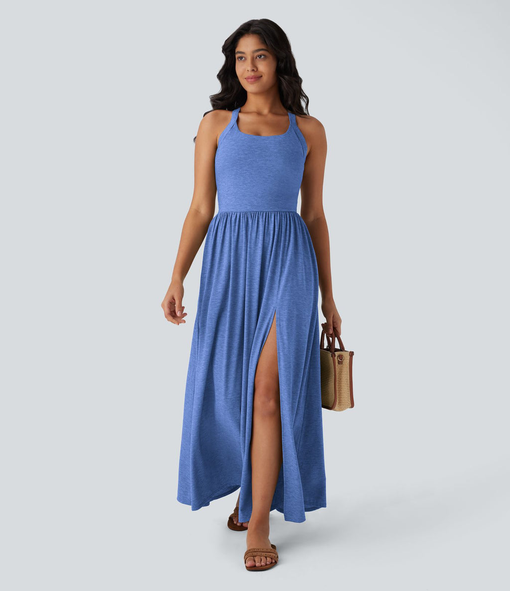 Robe longue fluide fendue avec poches latérales, dos nu et effet torsadé
