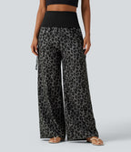 Pantalon baggy casual à imprimé léopard taille haute à revers avec fronces, cordon et poches