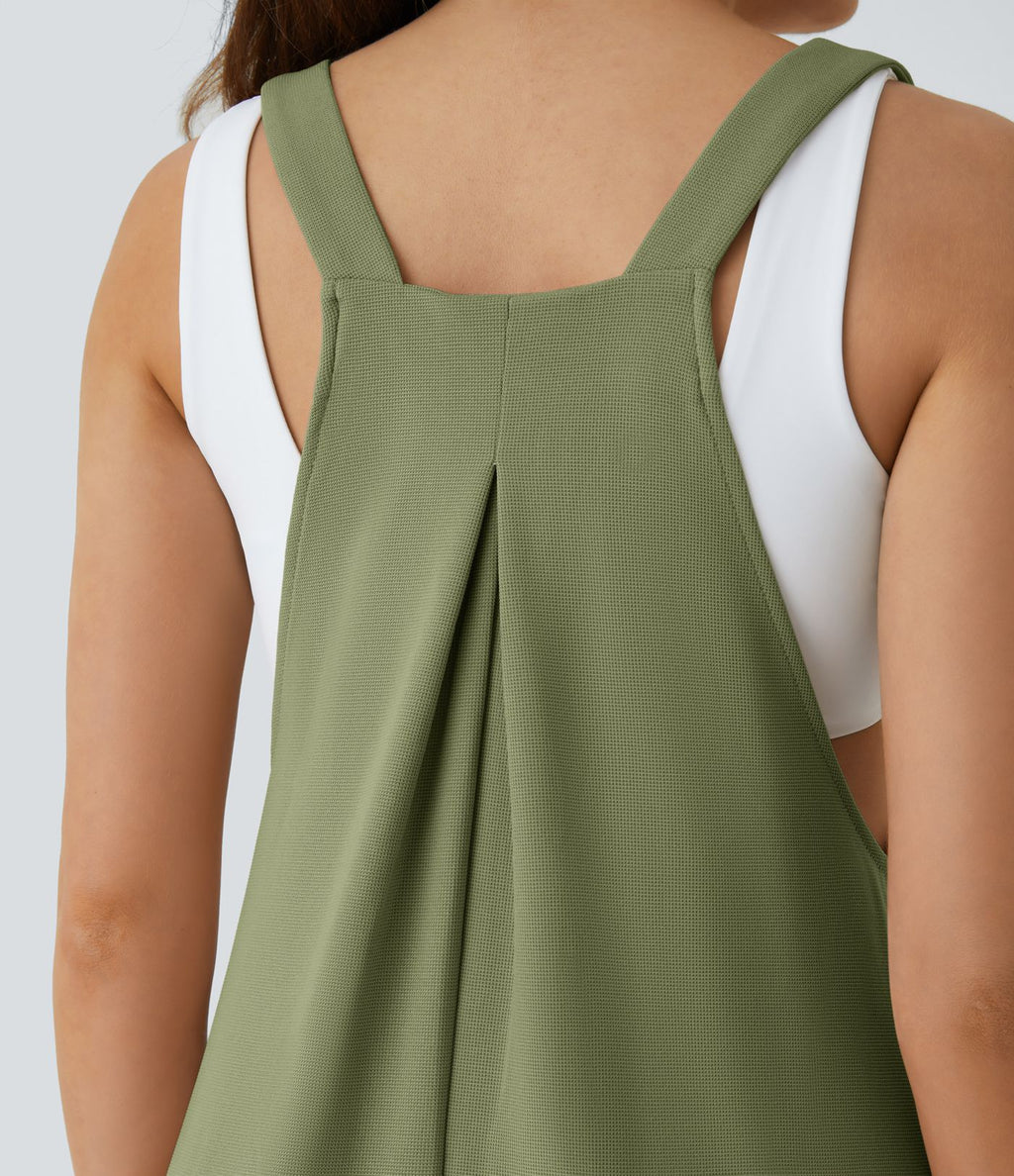 Salopette Casual Bretelles Ajustables Boutonnés Multiples Poches Plis et Tissu Gaufré
