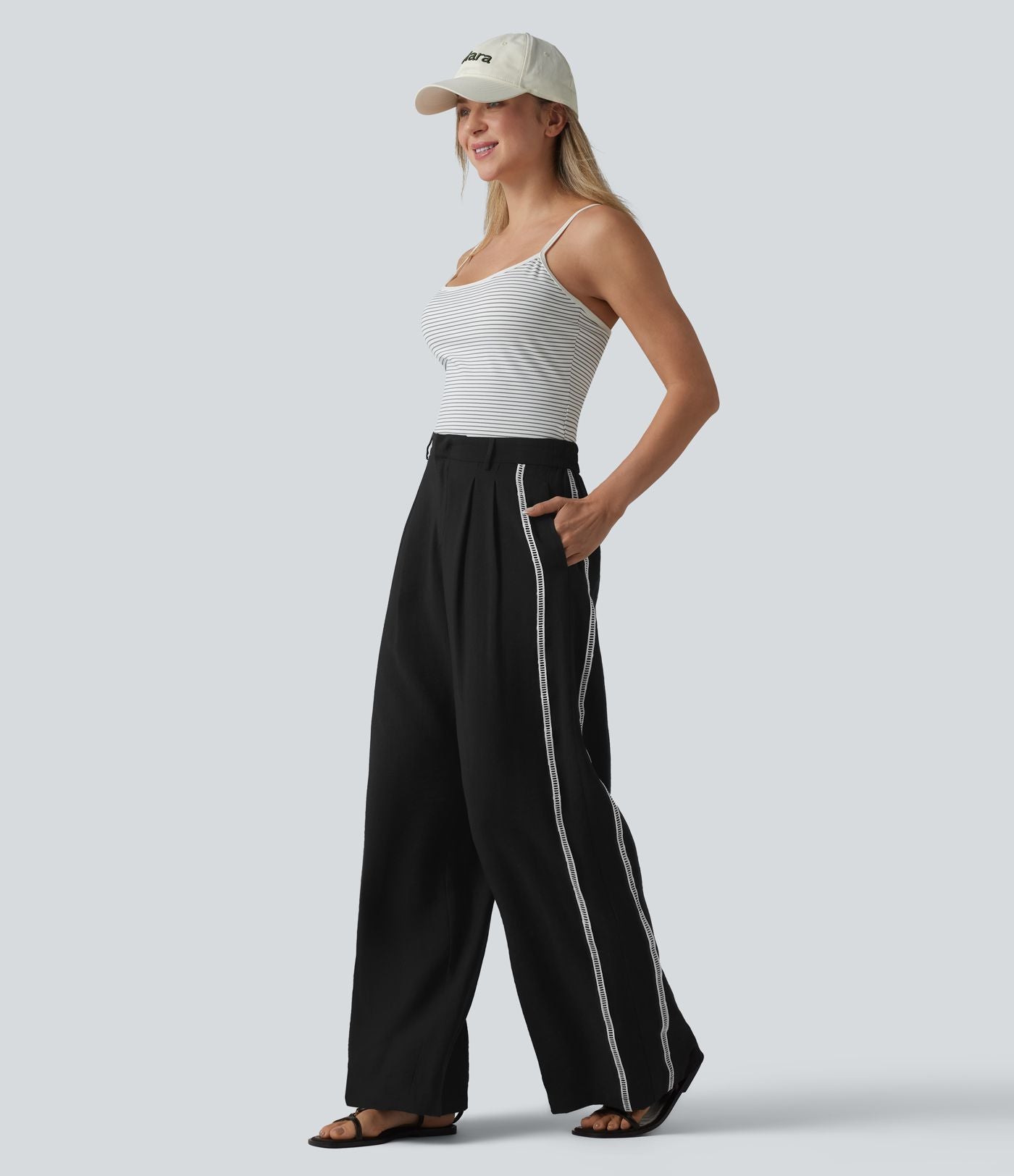 Pantalon large fluide décontracté taille haute color block aspect lin avec poches