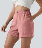 Short resort 12,5 cm taille haute effet lin avec ourlet roulotté et poches