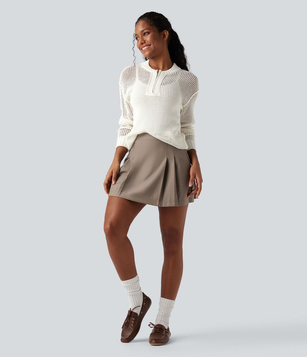 Pull ajouré demi-zip col rond manches longues