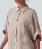 Chemise décontractée effet lin à manches mi-longues avec poche