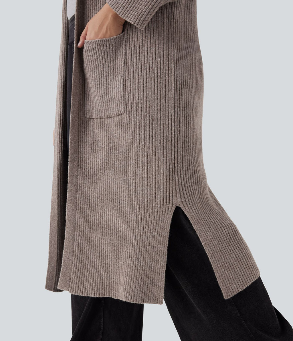 Cardigan long casual à capuche avec poches latérales et fentes grande taille manches longues