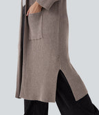 Cardigan long casual à capuche avec poches latérales et fentes grande taille manches longues